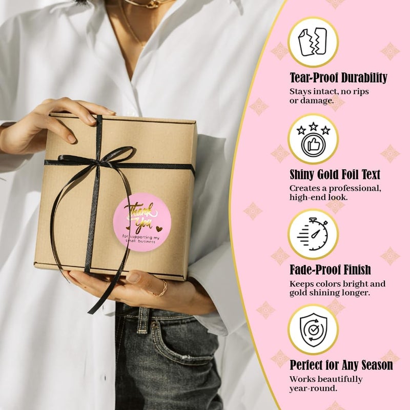 IBAKE Pink Thank You Stickers Gold Foil – 500 Waterproof 1.5” Round Labels for Small Business Packaging, Custom Thank You Labels for Envelopes, Gift Bags, Boxes, Cards & Orders - Image 4